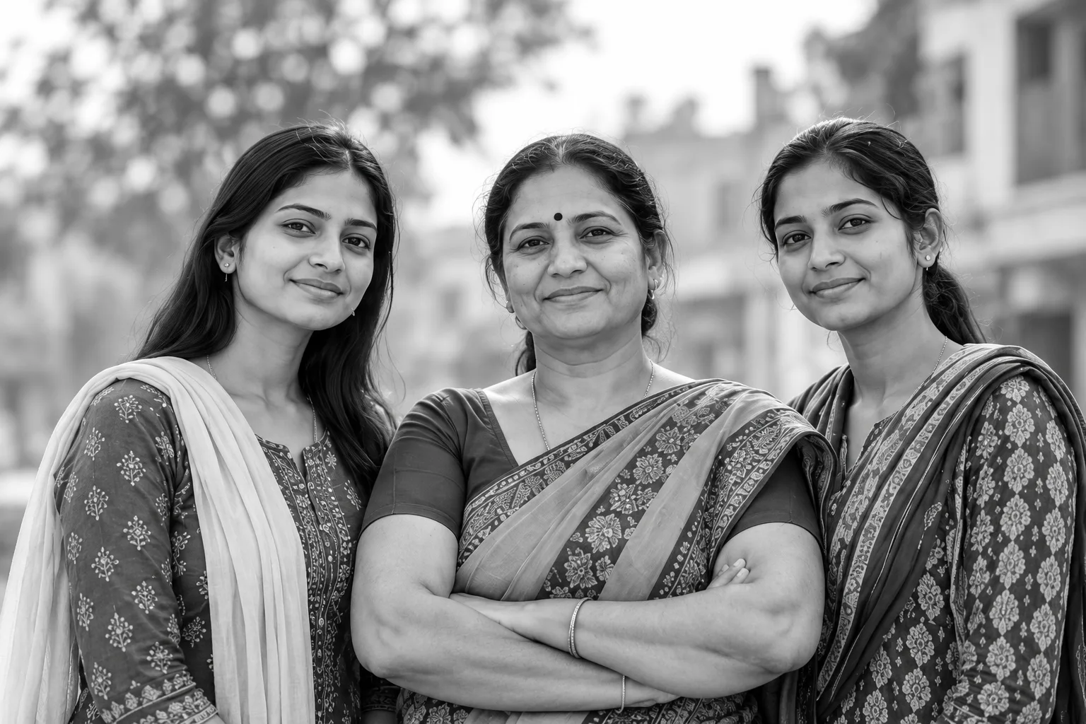 Representative illustration of three Indian women standing together