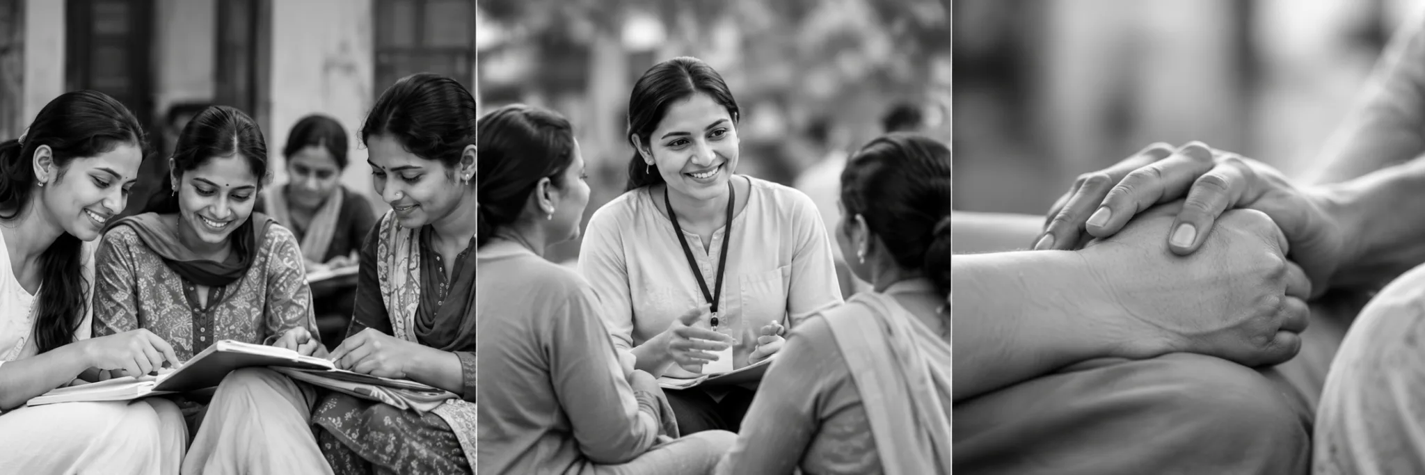 Illustrative women learning, volunteering and supportive hands